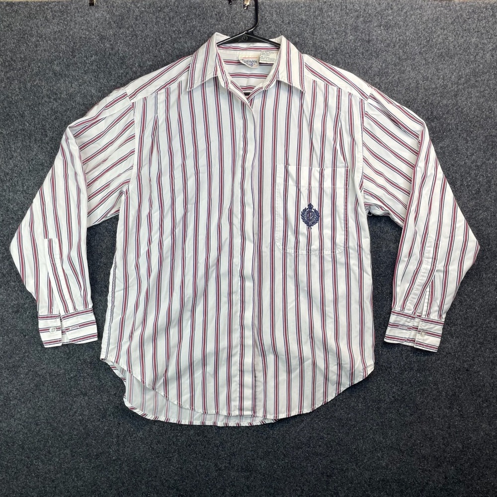 Huntington Ridge Striped Button Down Shirt White Burgundy Crest Logo Small Vtg